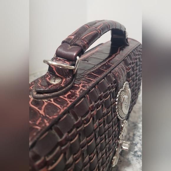 Western Croc Embossed Weaved Turnlock Briefcase Organizer Crossbody Purse - Picture 6 of 15